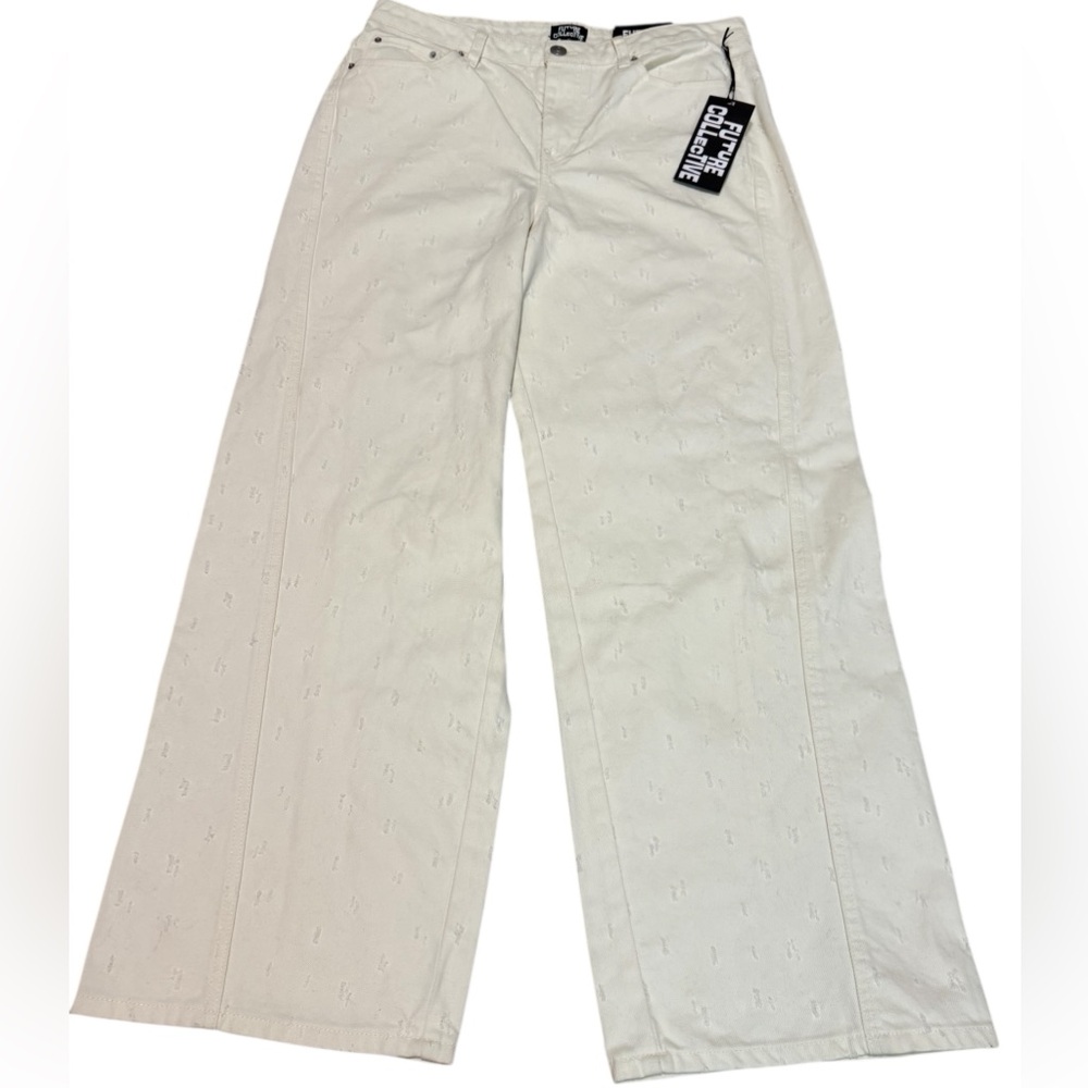 Trendy Cream Textured Wide Leg Jeans